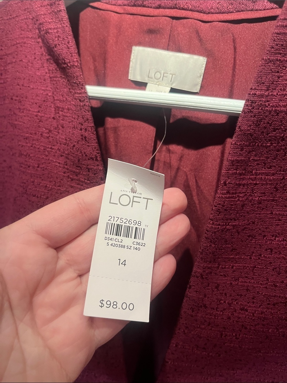 New Ann Taylor LOFT Women’s Textured Single Button Blazer Burgundy Wine Size 14 - Picture 3 of 10